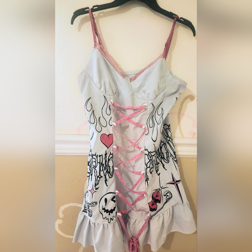 Cute White Pink Lace Up Graffiti Print Dress